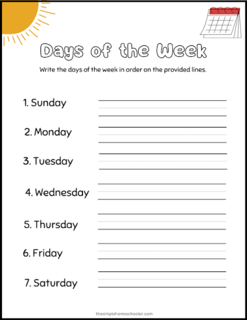 Free Days of the Week Worksheets for Kindergarten - The Simple Homeschooler