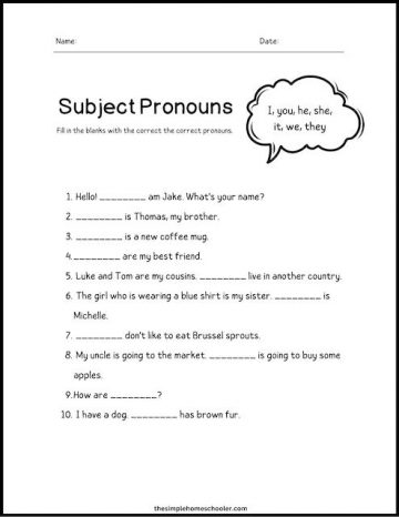 Free Subjective Pronoun Worksheets: Easy Print! - The Simple Homeschooler