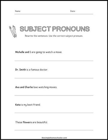 Free Subjective Pronoun Worksheets: Easy Print! - The Simple Homeschooler