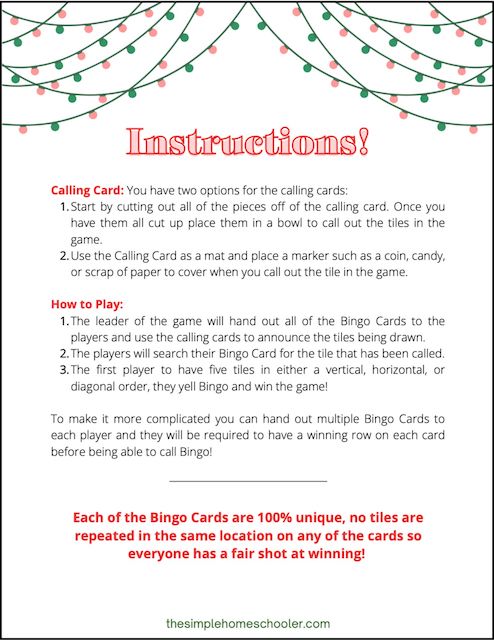 Christmas Bingo Instructions