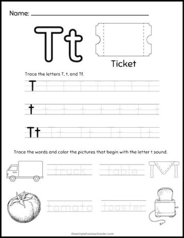 10 Free Letter T Tracing Printable Worksheets For Kids - The Simple ...